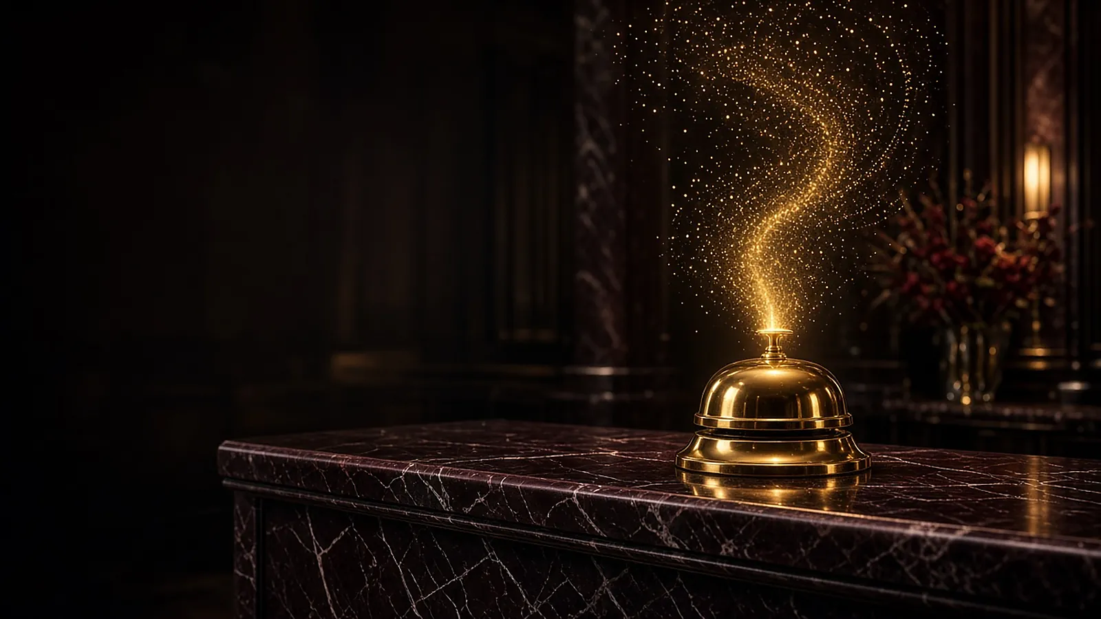 A gold concierge bell on burgundy marble with rising digital particles